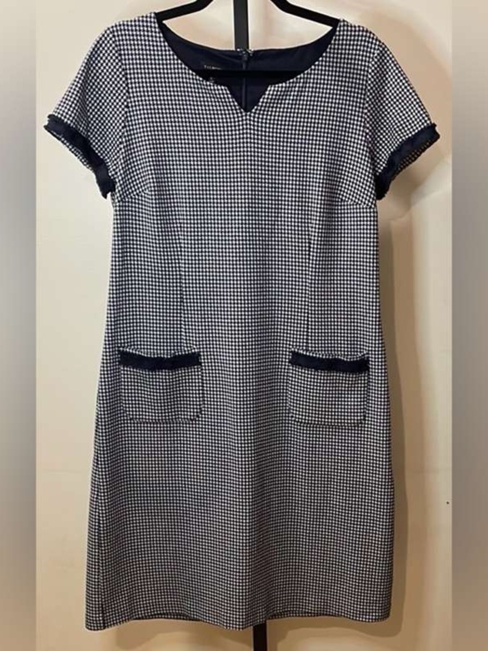 Navy and White Gingham Midi Dress with Pocket Details